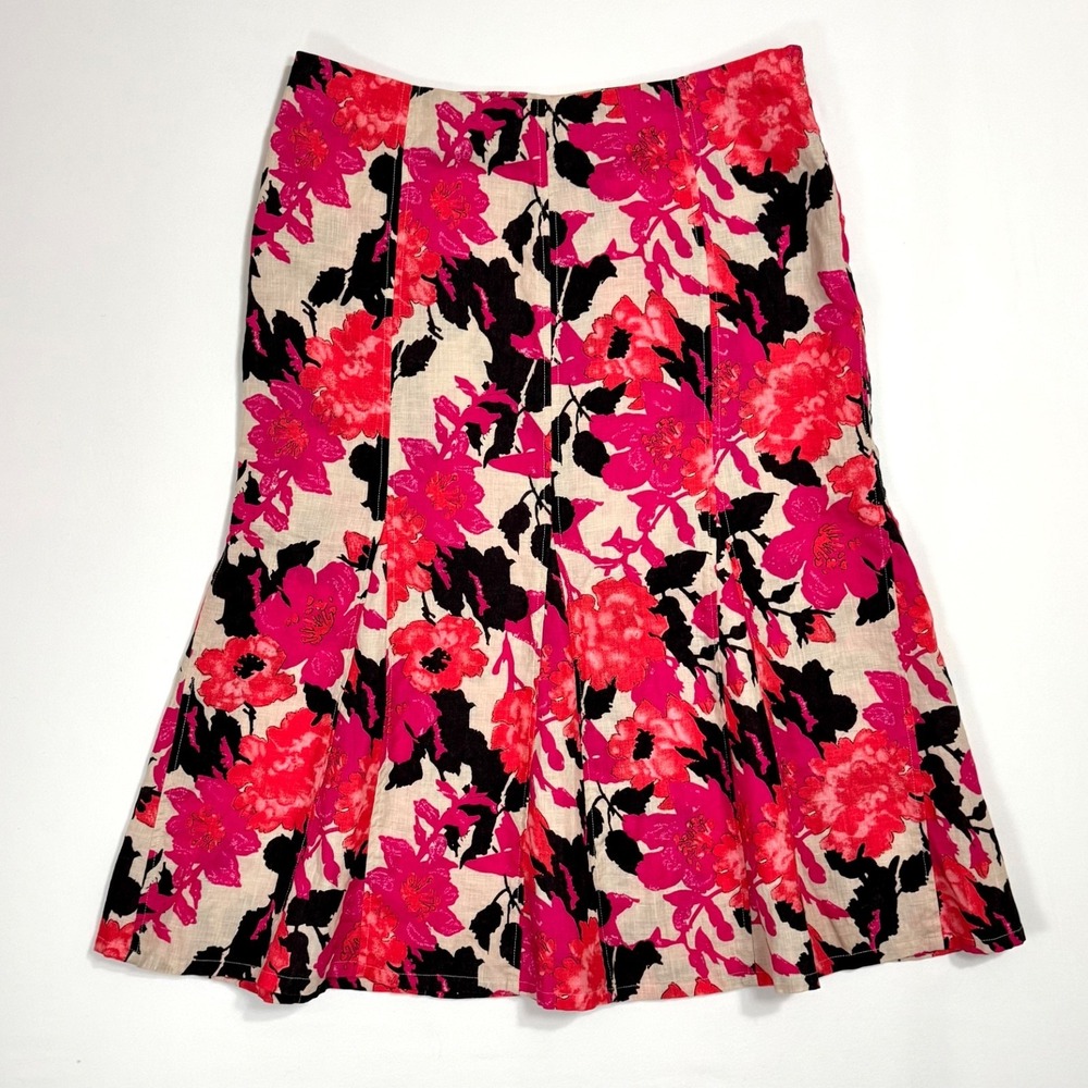 100% Linen Floral Midi Trumpet Skirt Size 16 Pink Tropical Mermaid Kim Rogers